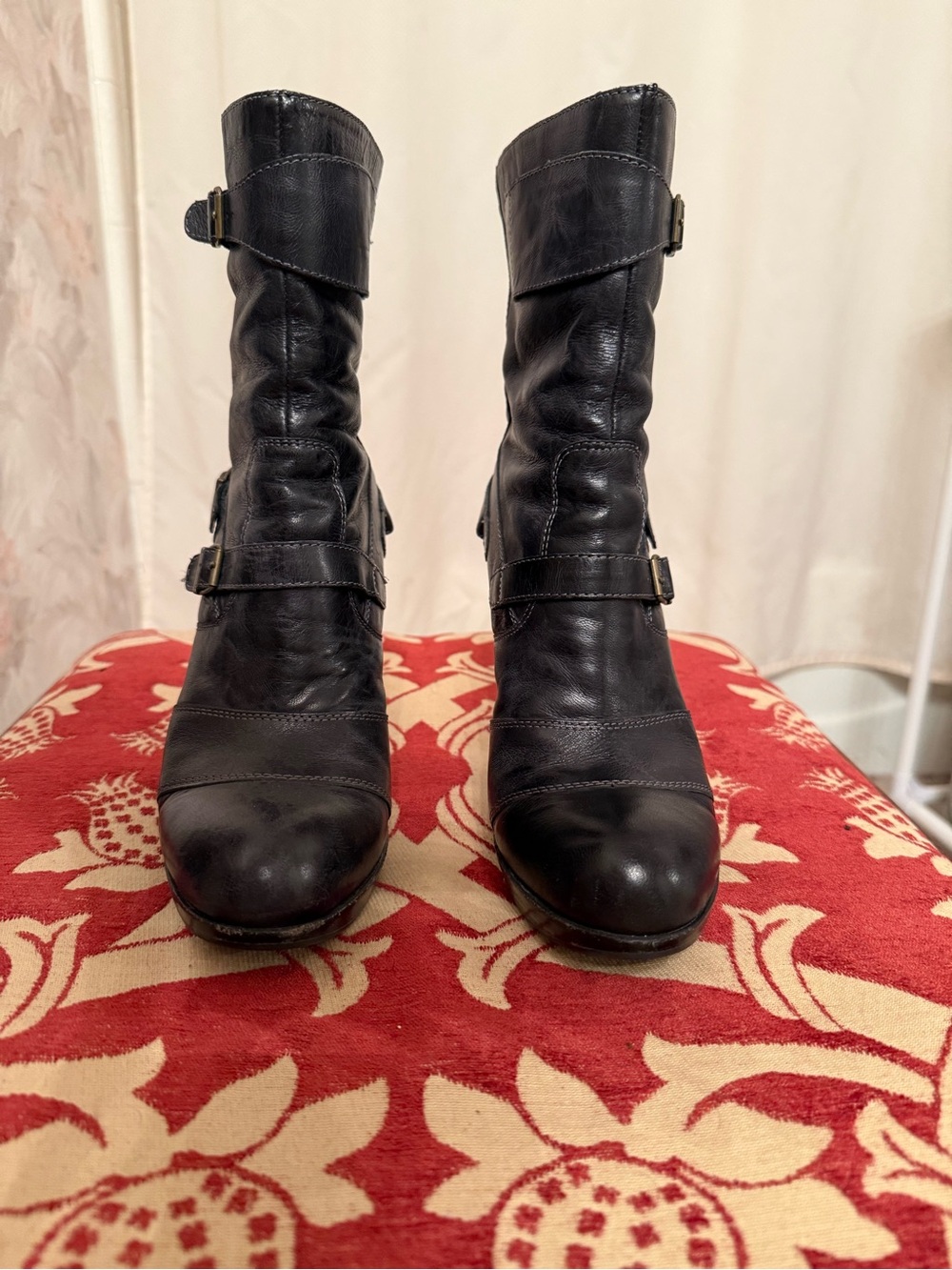 Black Women's High-Heel Leather Ankle Boots - Picture 2 of 6